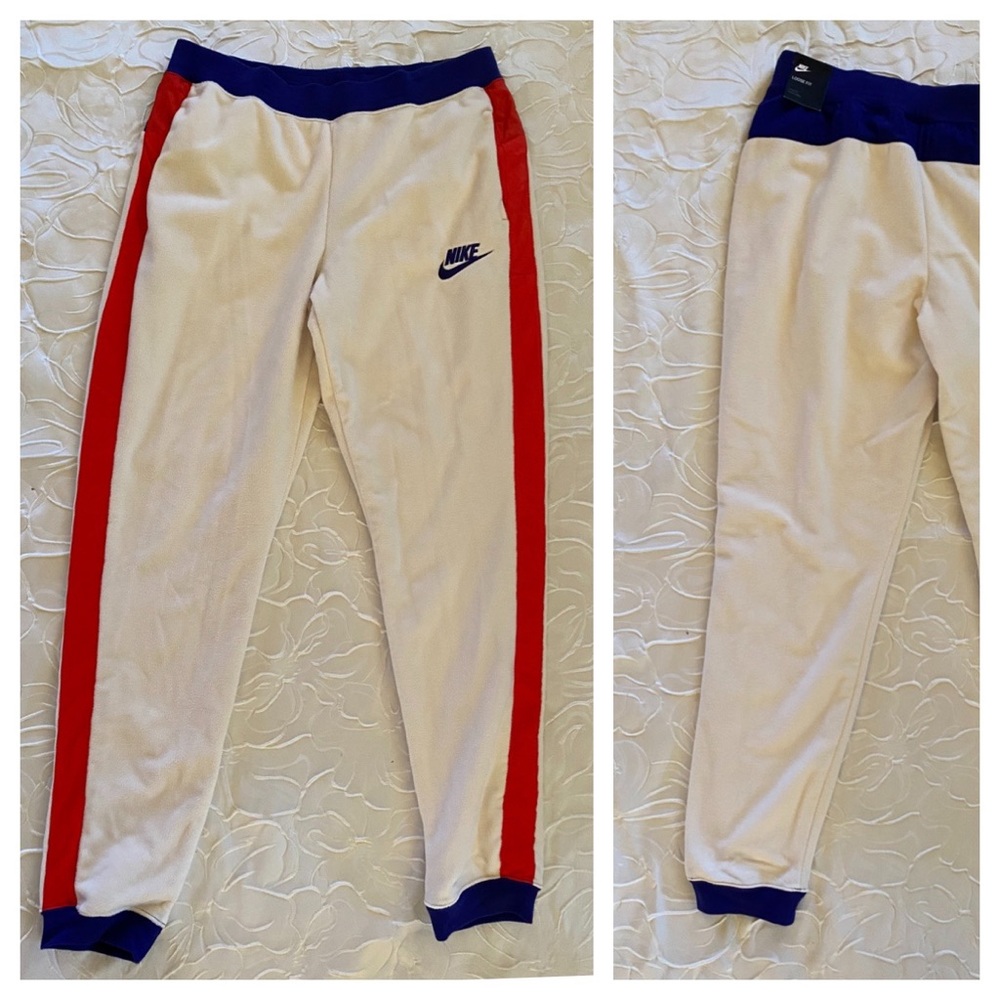 Nike Polar Fleece Stripe Red Blue Cream Joggers Sweatpants L - Picture 7 of 12